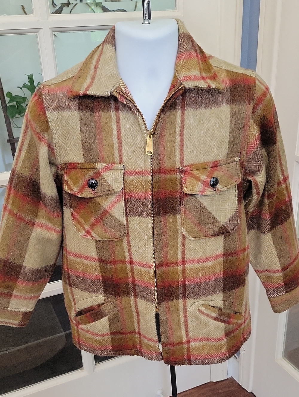 Vintage Melton Outer-Wear Men's Long-Sleeve Button Plaid Shirt Jacket